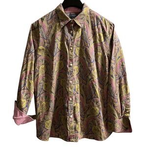 Chaps Top Womens 2X Pink Paisley Button Down Shirt Flip Gingham Cuffs Preppy‎